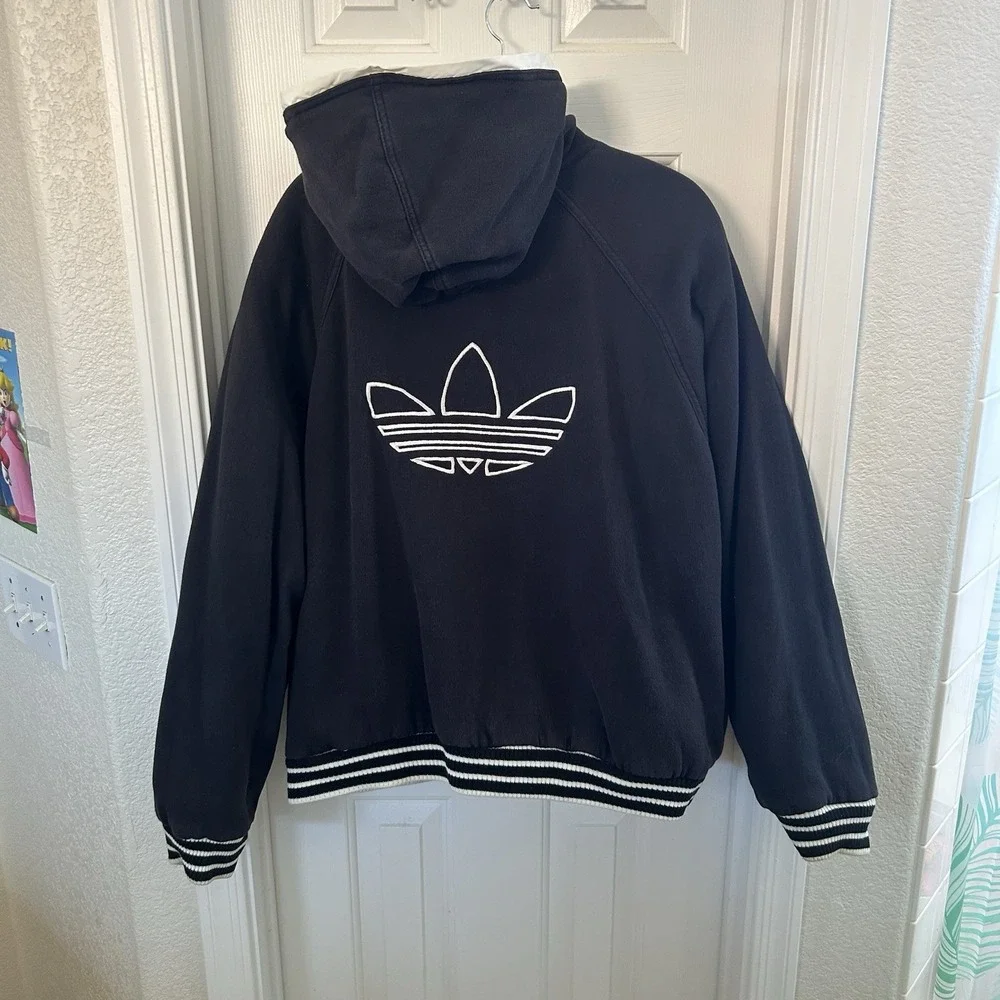 Vintage Y2K Adidas Men's Reversible Hooded Puffer Jacket XXL Retro White‎ Black
